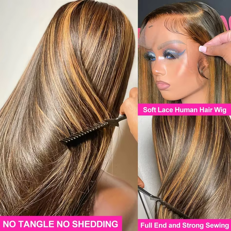 Lumiere Highlight P4/27 Honey Blonde Straight 13x4 HD lace frontal Wigs Human Hair With Baby Hair (No Code Need)