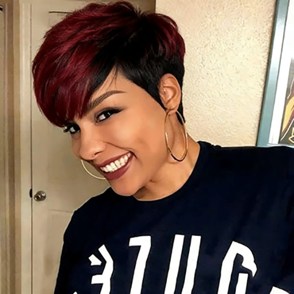 Ship In 24Hours-Lumiere #1B/99J Straight Pixie Cut Short Bob With Bangs None Lace Wig side bangs