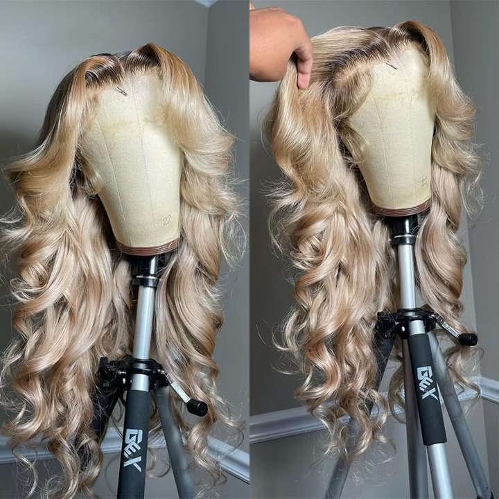 Gray Blonde With Root 4 Brown Lace Front Body/Straight Wave Human Hair Wigs  Root4/Gray Blonde Silky Human Hair Wig 200% Density