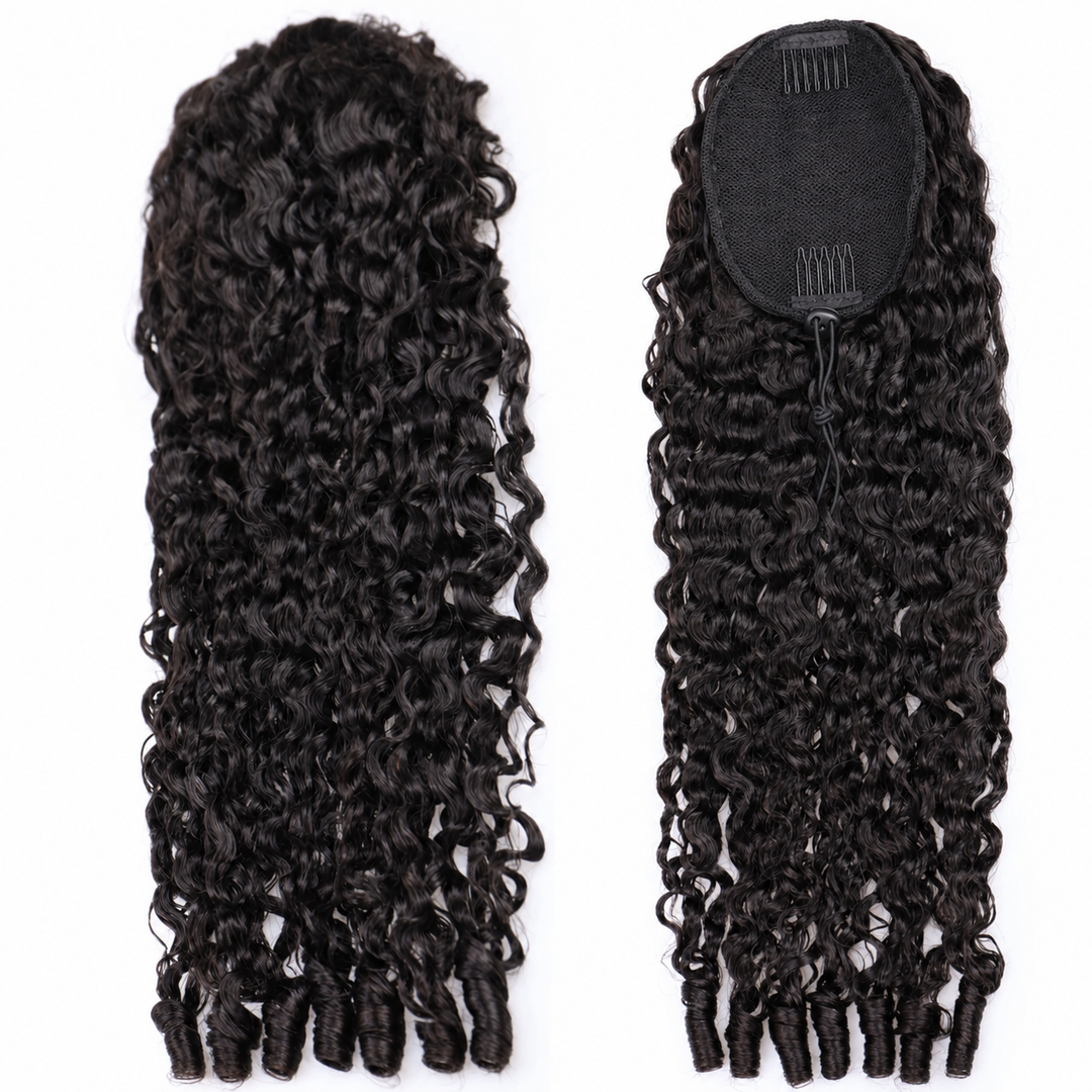 Lumiere Natural Black Burmese Curly Drawstring Ponytail Human Hair with InvisiFit Strap