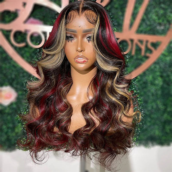 WG-91 Skunk Stripe Highlight Red Blonde Colored Straight Transparent Lace Front Wig Body Wave Lace Front Wig Human Hair