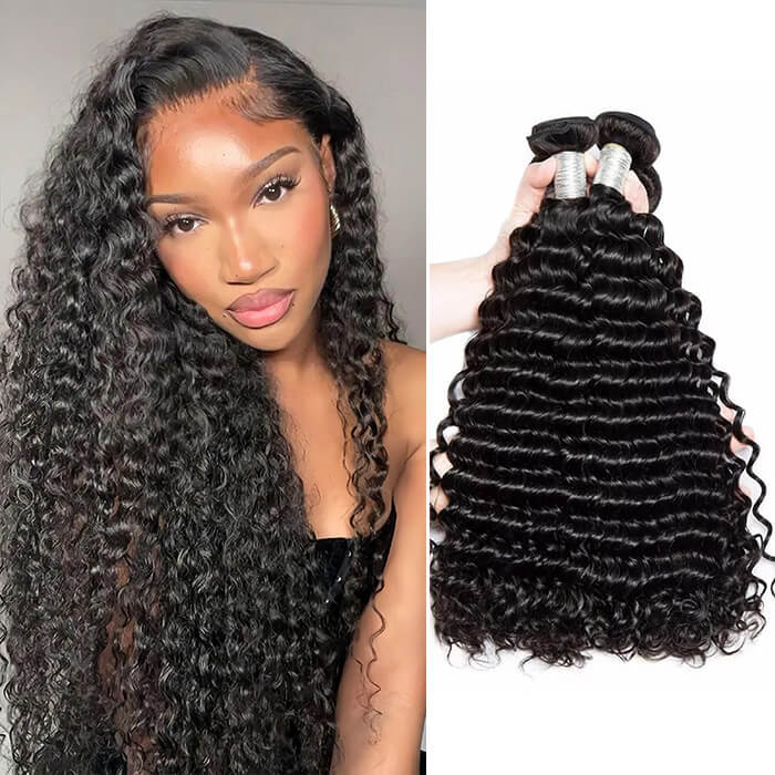 (B1)Deep Wave Human Hair 4 Bundles Curly Hair Weaving Double Weft Virgin Hair Extensions(Ship In 24Hours)