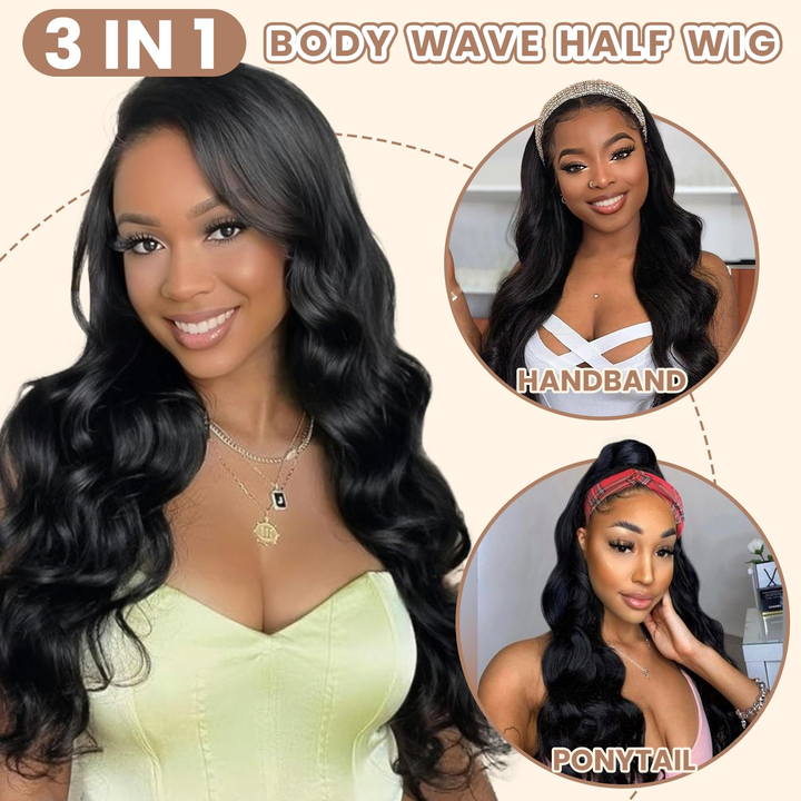 [3 In 1 Half ] Half Wig Body Wave Black Color Glueless Wigs for Black Women Wear and Go Hair Wigs Beginner Friendly