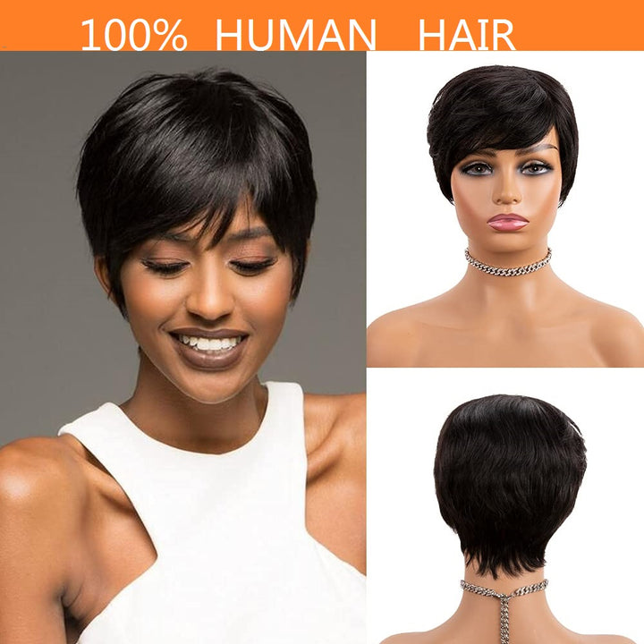 New Pixie Cut #1B #99J #27 Human Hair Wig with Bangs Black Short Straight Pixie Cut Hair Human Hair Machine Made Wig for Women