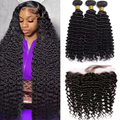 (B2) Deep Wave 3 Bundles Human Hair With Frontal 13x4  Lace Frontal 100% Natural Human Hair Extensions