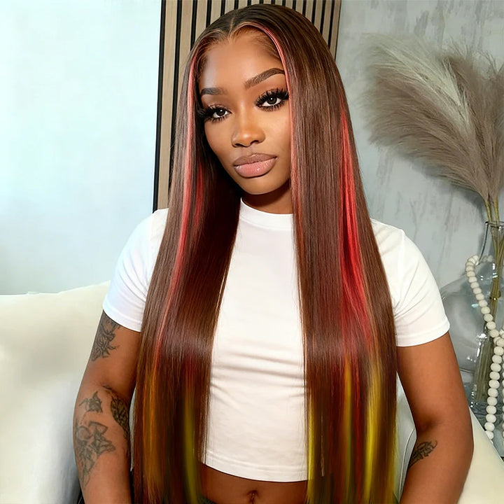 Highlight Ginger Mixed Orange Yellow Straight Lace Front Wig For Women Remy Ombre Human Hair Lace Human Hair Wigs（WG95)