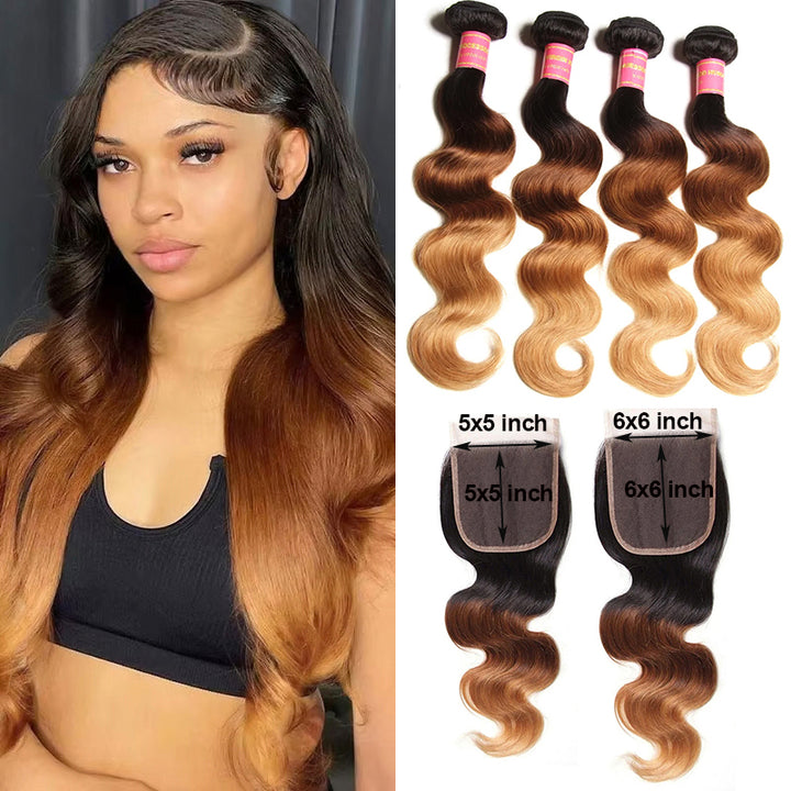 T1B/4/27 Ombre Color Body Wave Human Hair Bundles 4 Bundles 5x5/6x6 Lace Closure Double Weft Hair Extensions Full End Brazilian Virgin Hair