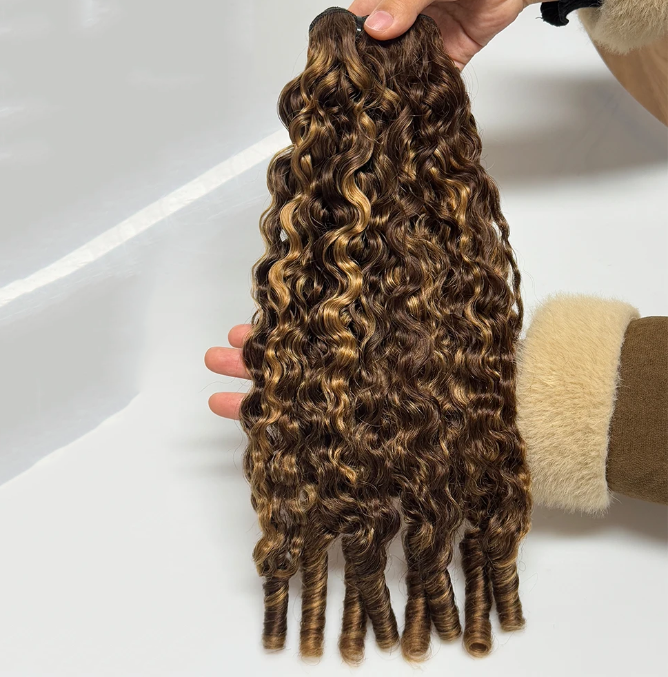 Highlight P4/27 Colored Burmese Curly 4 Bundles Pixie Curls Human Hair Bundles Ocean Spirals Curly