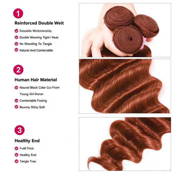 #33 Reddish Brown Loose Deep 3 Bundles 4X4 Transparent Lace Closure Brazilian Raw Human Hair  Extensions For Women(No Code Need)