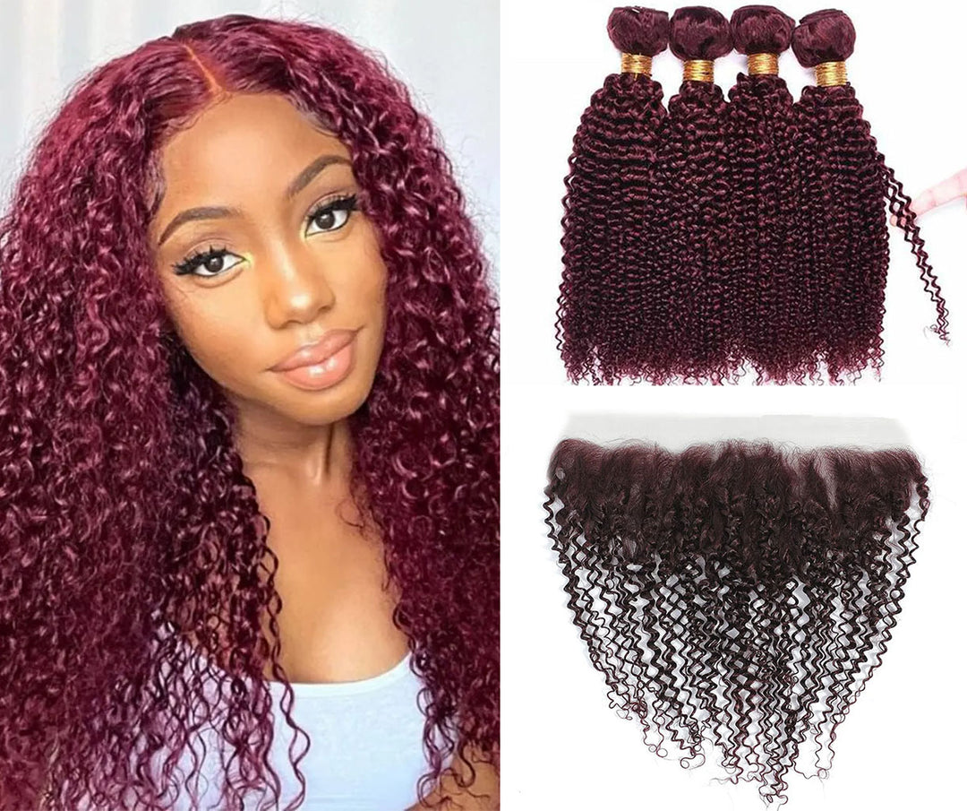 Red Bundles #99j Kinky Curly 4 Bundles With 13x4 Lace Frontal Brazilian Hair