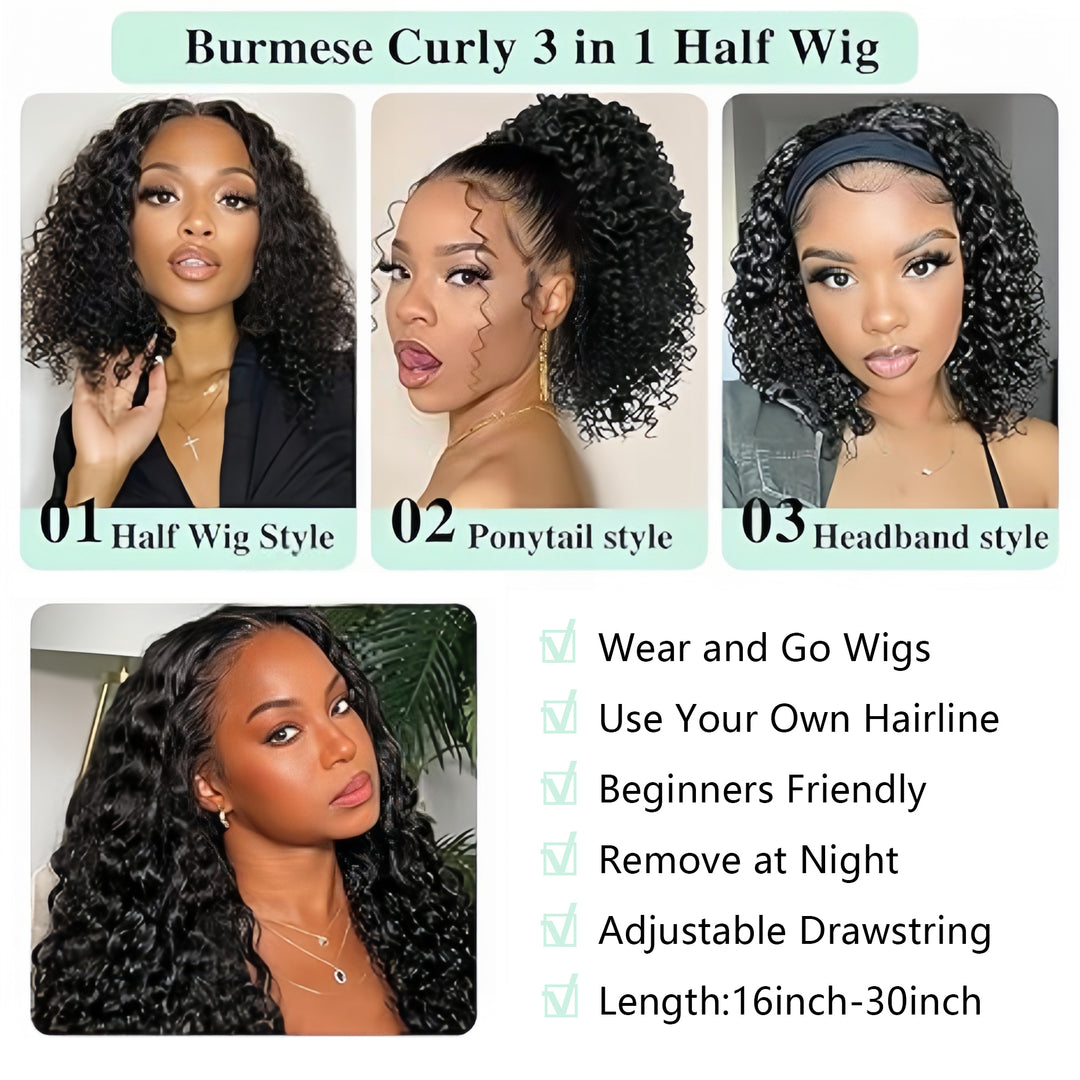 [3 In 1 Half ] Wig Burmese Curly Install Half With Drawstring Glueless Beginner Friendly