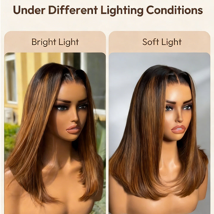 Lumiere Blunt Cut 13x4 Lace Brown Piano Highlights Straight Bob Wig With Dark Roots Bob Wigs Human Hair Ready To Wear