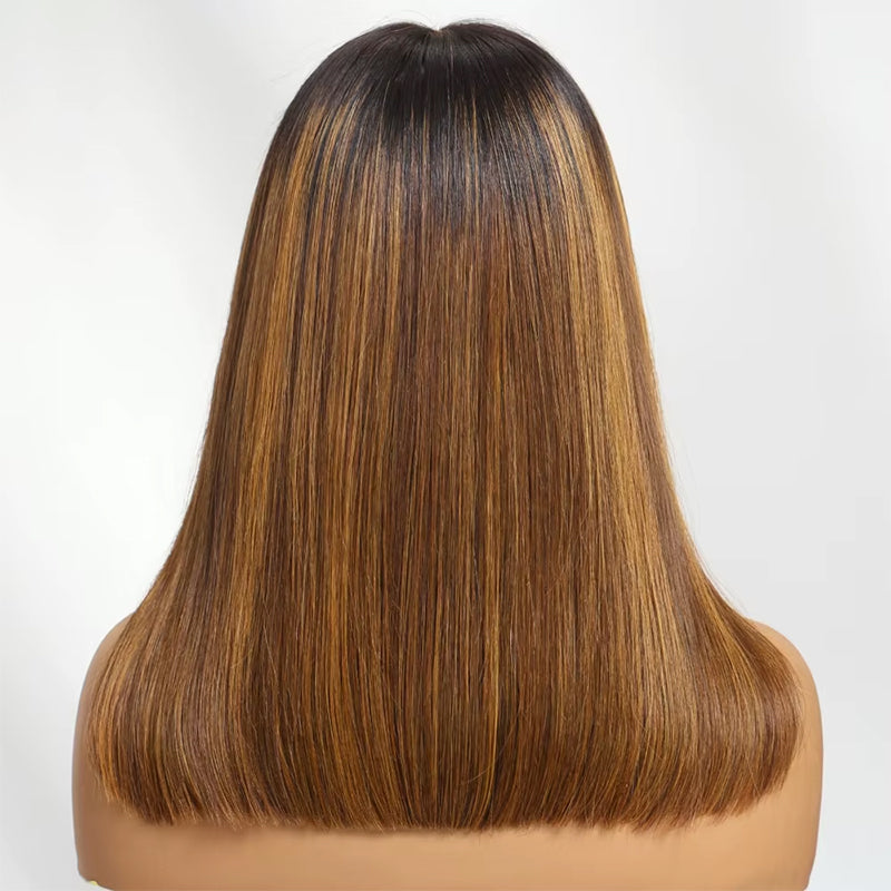 Lumiere Blunt Cut 13x4 Lace Brown Piano Highlights Straight Bob Wig With Dark Roots Bob Wigs Human Hair Ready To Wear
