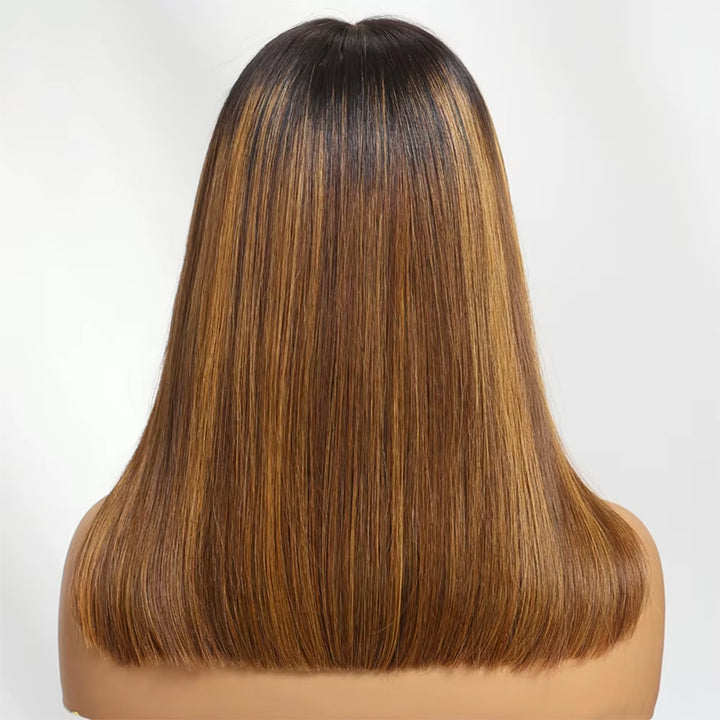 Lumiere Blunt Cut 13x4 Lace Brown Piano Highlights Straight Bob Wig With Dark Roots Bob Wigs Human Hair Ready To Wear