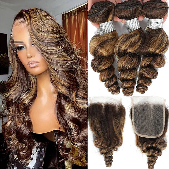 Highlight P4/27 Loose Wave Bundles with HD Lace Ombre Brown Human Hair Bundles with 4X4 Closure