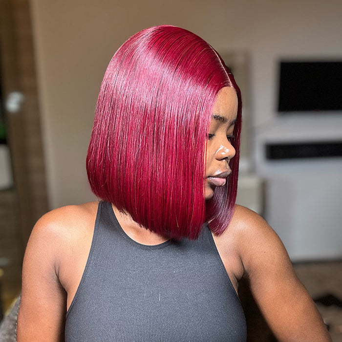 Lumiere Blunt Cut Bob Wig 2x6/13x4 Lace Closure Straight #99J Red Colored Short Bob Human Hair Wigs 220% Density
