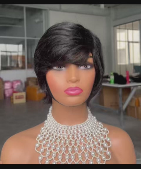 Perruques de cheveux humains en dentelle à coupe courte sans coupe de lutin à vague naturelle 