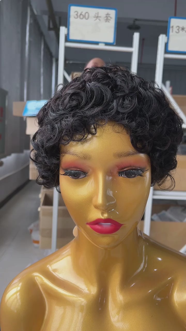 AMZ Pixie Cut Curly Bob 100% Human Hair Full Machine Made No Lace Gift Wigs