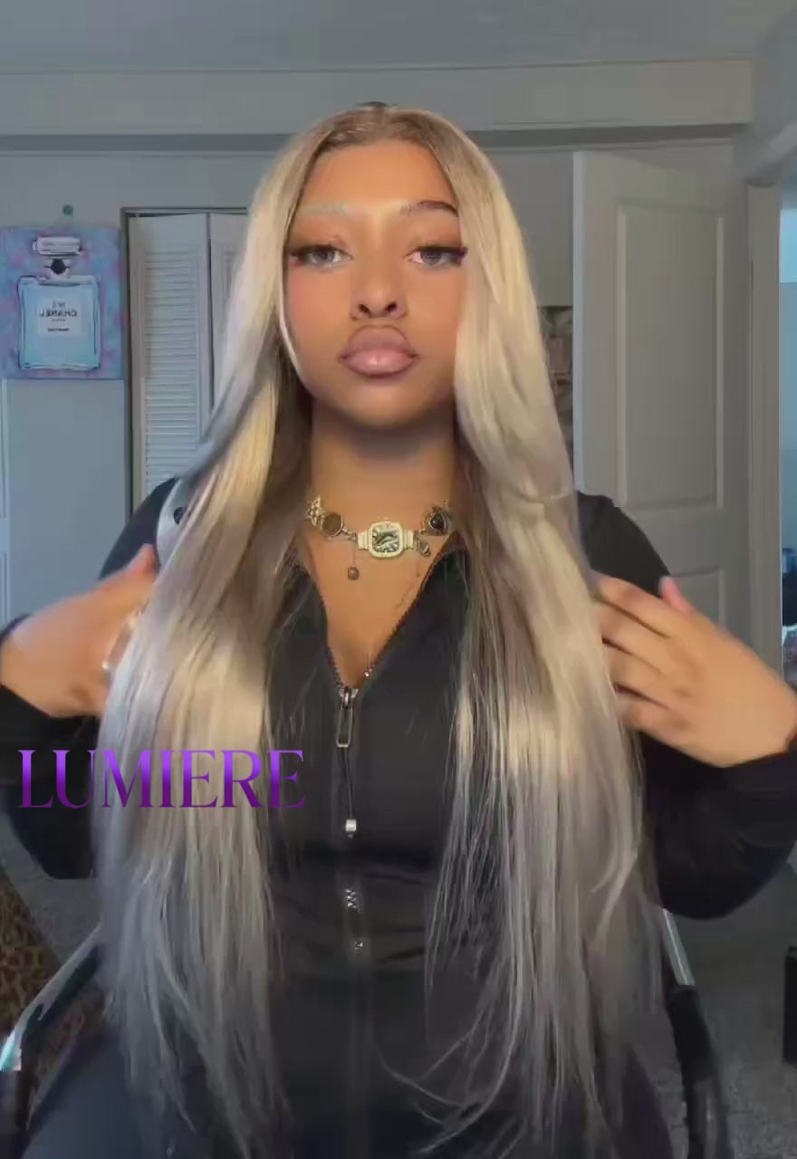 Gray Ash Blonde With Root 4 Brown Lace Front Body Wave Human Hair Wigs Root4/Gray Blonde Silky Human Hair Wig 200% Density(#1B Colored)