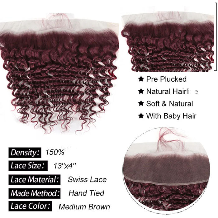 Red Bundles #99j Deep Wave 3 Bundles With 13x4 HD Lace Frontal Human Hair