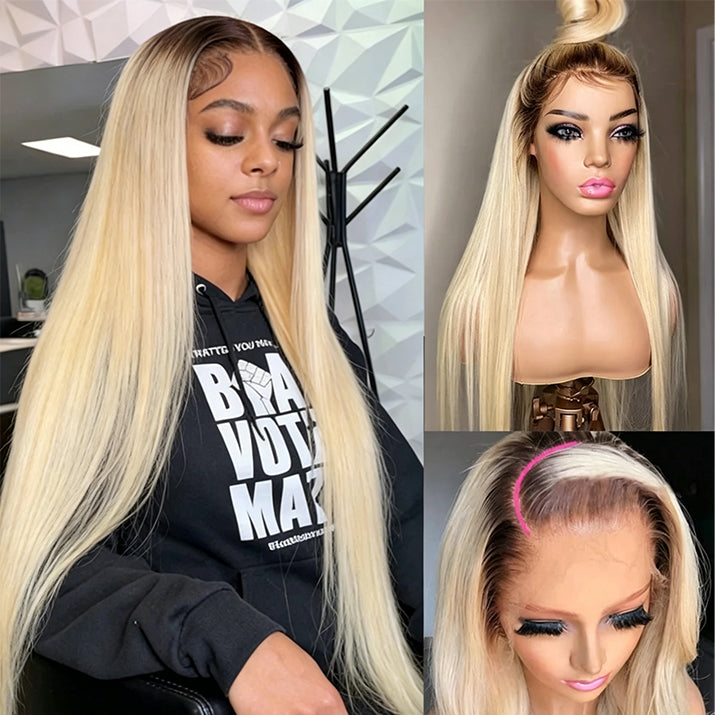 Lumiere Straight Hair #613 Blonde With #4 Brown Root 13x4 HD Lace Frontal Wig for Black Women 200% Density