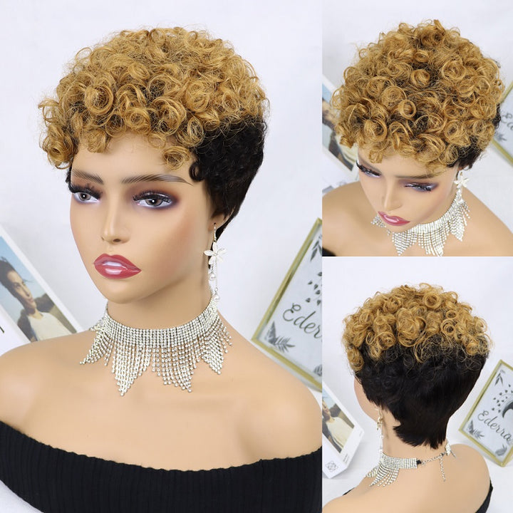 New Pixie Cut Short Human Hair Top Color Made Full Machine Wigs Curly Hair for Women