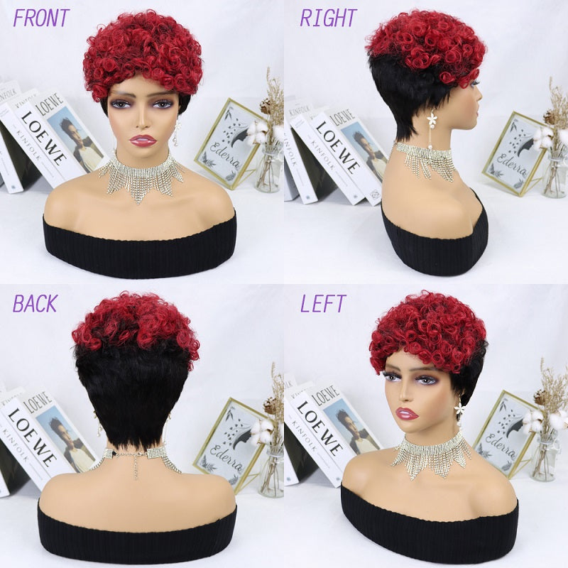 New Pixie Cut Short Human Hair Top Color Made Full Machine Wigs Curly Hair for Women