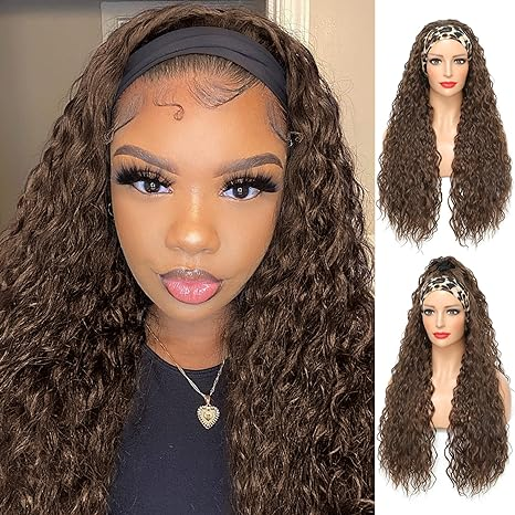 Chocolate Brown Water Wave Headband Wig for Black Women None Lace