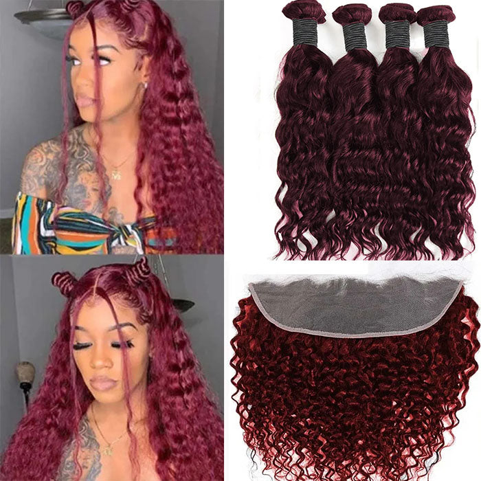 Red Bundles #99j water Wave 4 Bundles with 13x4 Frontal with transparent lace