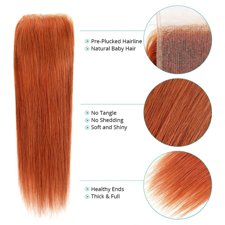 350 Ginger Color Straight Hair 4 Bundles With Closure Brazilian 100% Human Hair  Bundles With Closure 4X4 Remy Hair Extension(No Code Need)