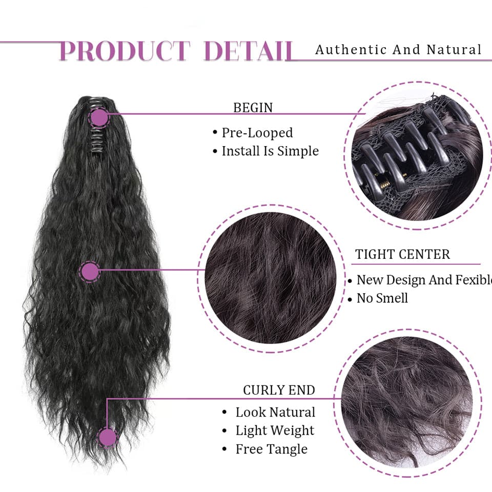 Water Wave Claw Ponytail Human Hair Extensions Natural Black Color