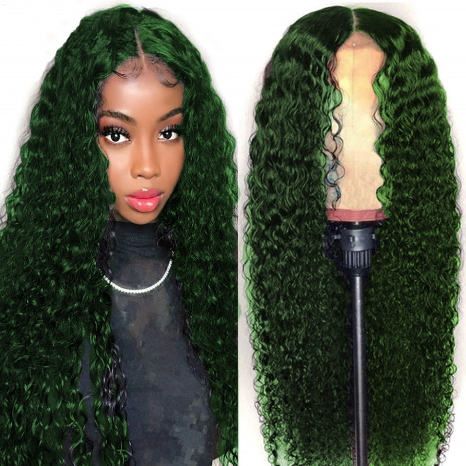 Dark Green Water Wave Transparent Lace Front Human Hair Wigs For Black Women