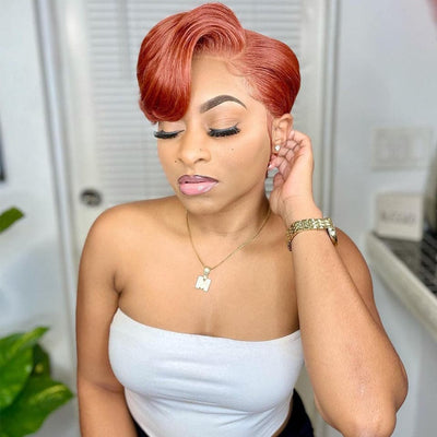 #33 gingembre 13x1 HD-Lace Front pré-plumé court Pixie Cut Bob chic Swoop Bang perruque Keshona 