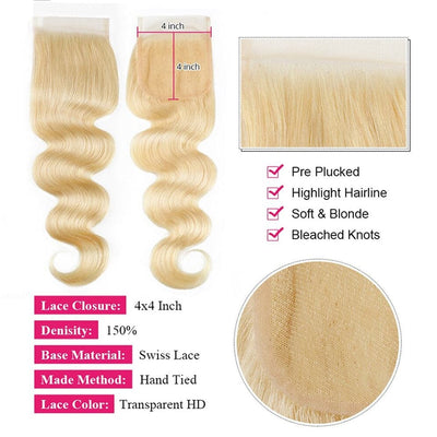 Natural Color Body Wave 3 Bundles with 4x4 HD Lace Closure with 613 Blond HD Lace Closure