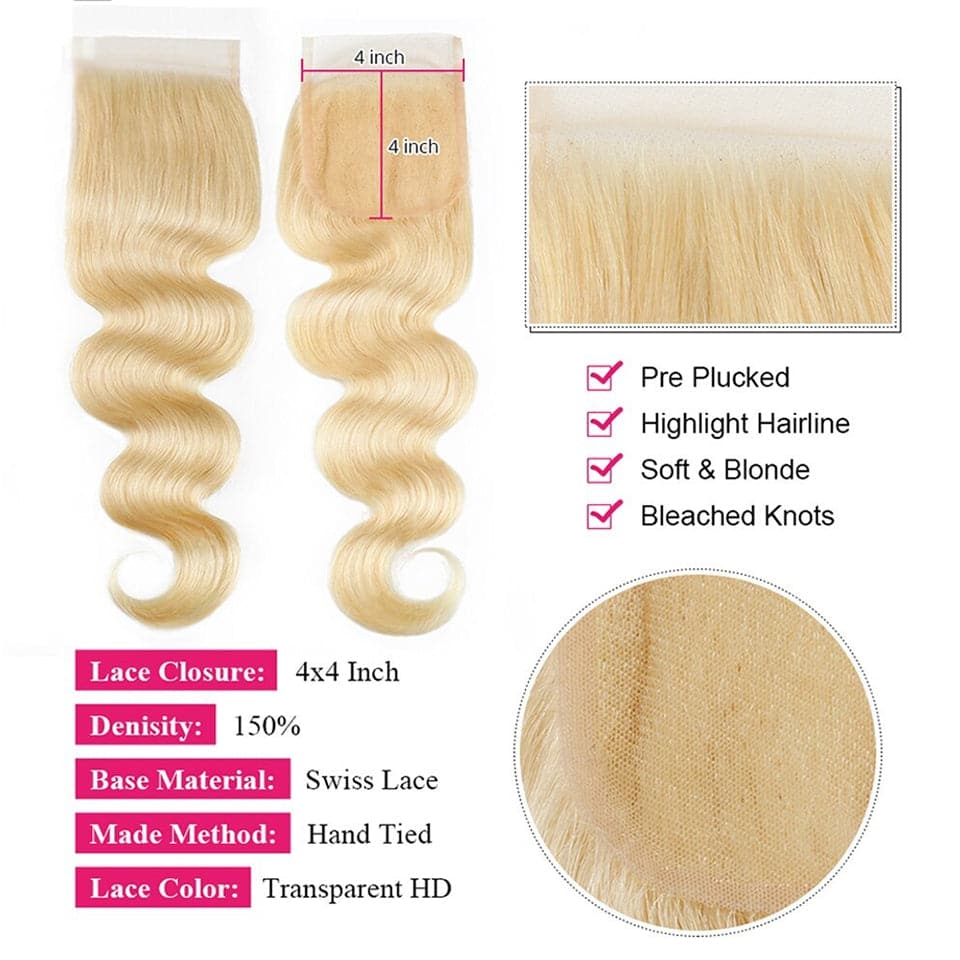 Natural Black Body Wave Hair 4 Bundles with 613 Honey Blond 4x4 HD Lace Closure Hair Extensation