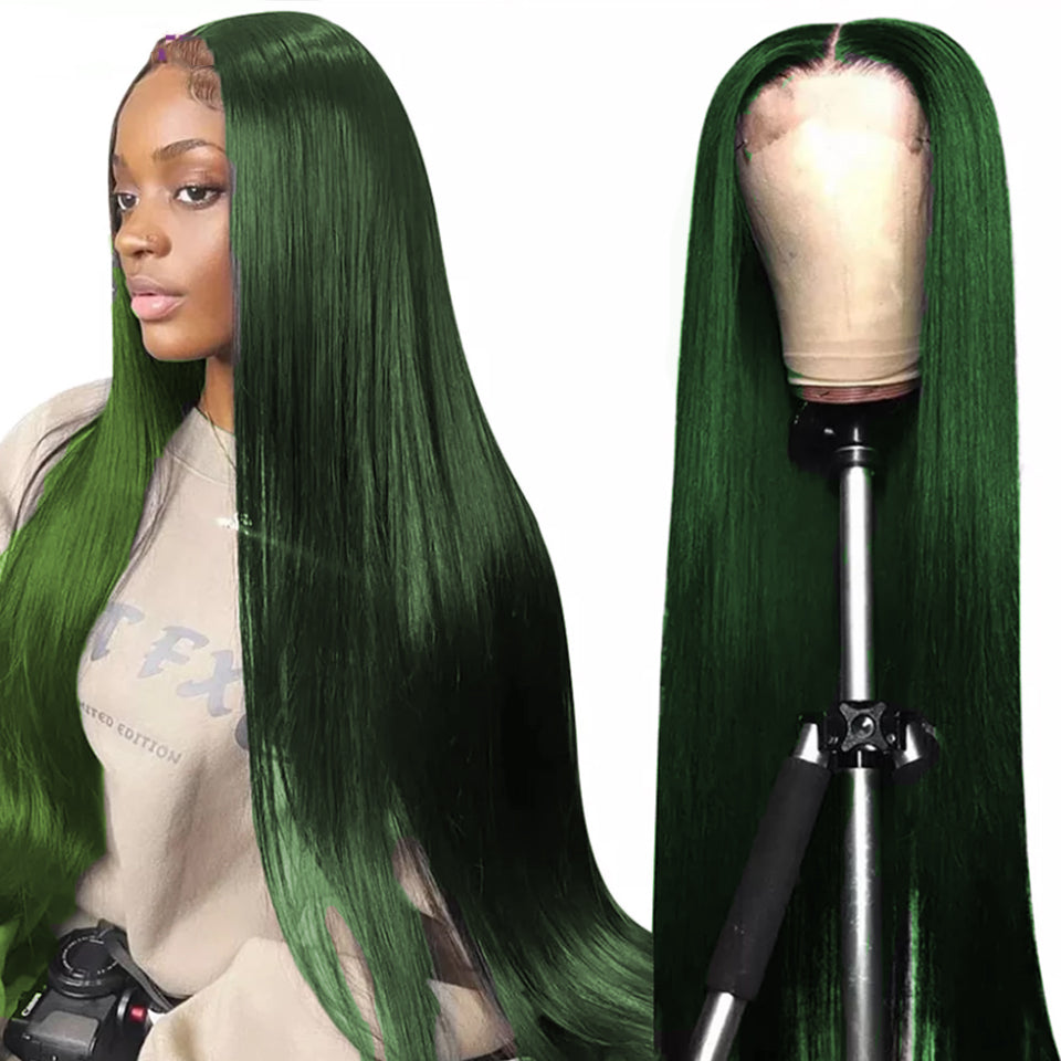 Perucas de cabelo humano brasileiro reto de renda frontal/fechamento verde escuro para mulheres negras 