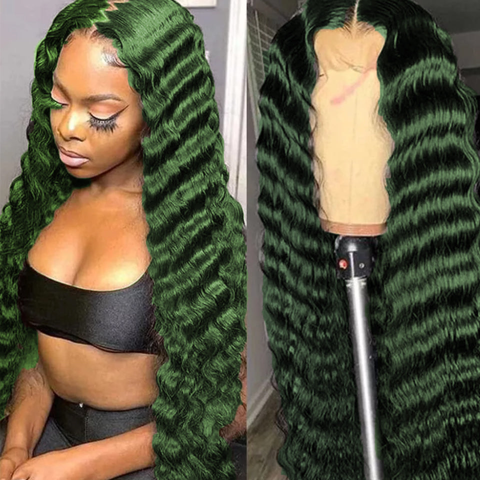 Perucas de cabelo humano verde escuro solto onda profunda com frente em renda para mulheres 