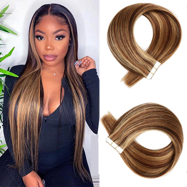 Tape In Human Hair Extensions P4/27 Highlight Straight Hair Natural Black For Women Microlinks Brazilian 20pcs/1pack