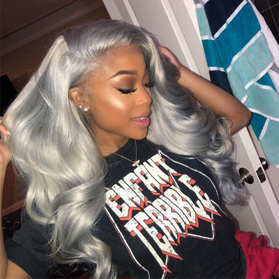Silver Gray Body Wave HD Transparent Lace Frontal Wigs Human Hair