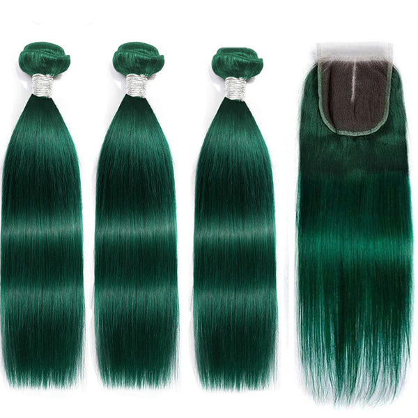 3 pacotes lisos verde escuro com extensões de cabelo humano 4x4 HD com fechamento em renda 