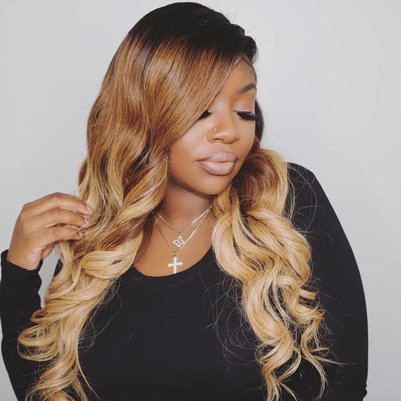 Colored 1B/4/27 Blonde Body Wave 4 Bundles With 13X4 Lace Frontal