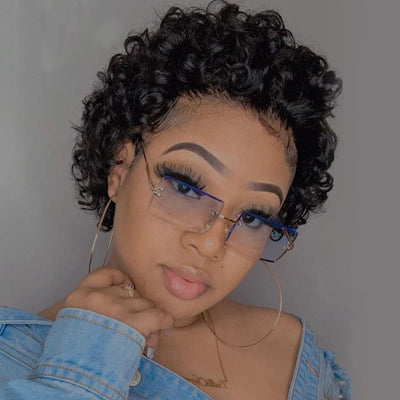 Natural Black 13×1 Lace Short Curly Bob Pixie Cut Human Hair Wigs For Black Women