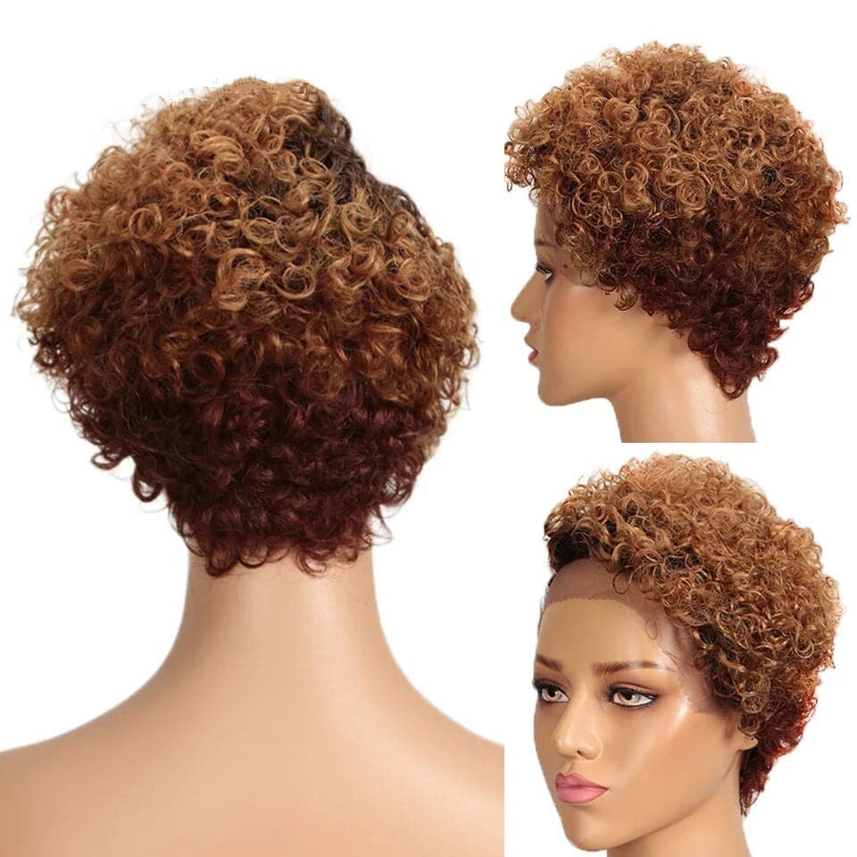 Curly Hair Ombre Colored T/27 Short Pixie Cut Wig or Black Women 13x4x1 Side Part Wigs