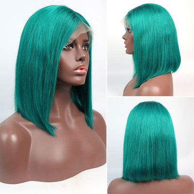 150% Density green Short Bob 13x4 Lace Front Straight Human Hair Wigs Transparent Lace