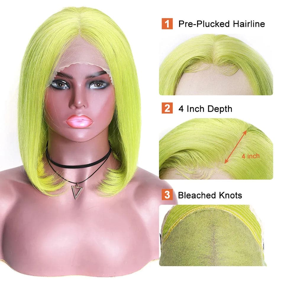 180% Density Fluorescent green Short Bob Lace Front Straight Human Hair Wigs Transparent Lace