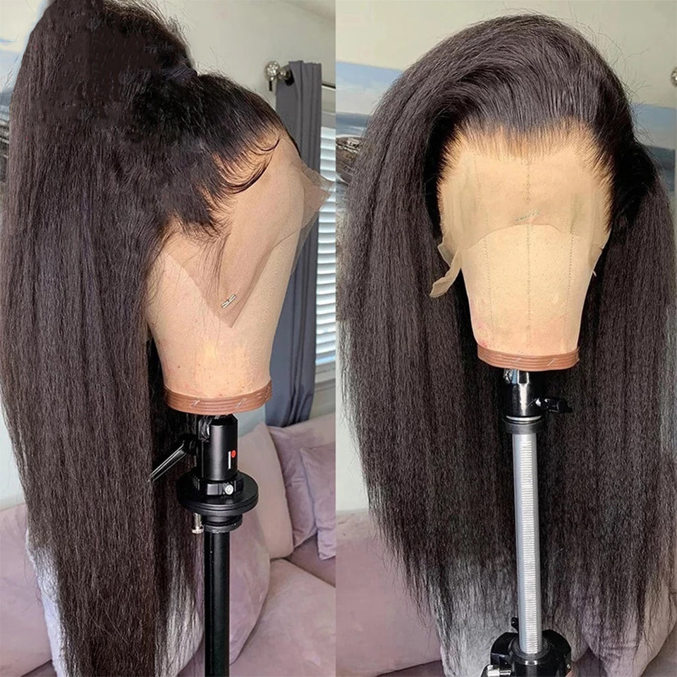 Kinky Straight Lace Front Wig Pre Plucked For Woman Natural Hairline