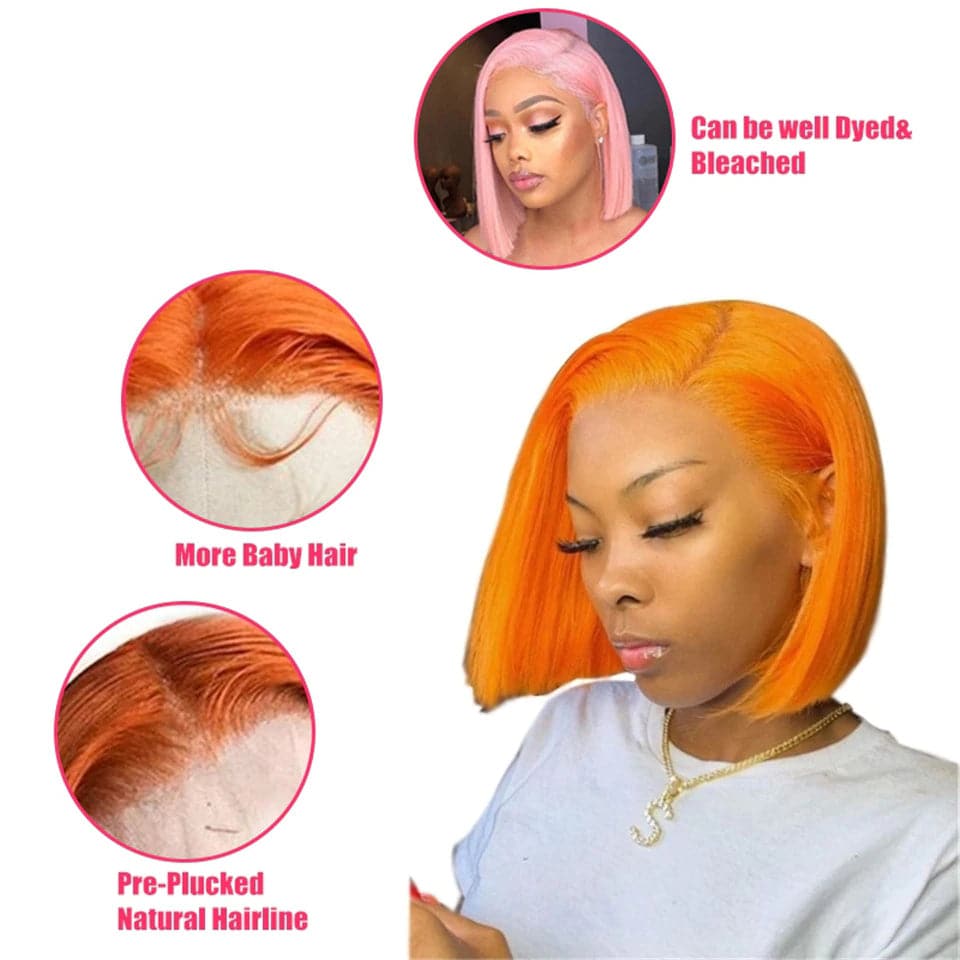 Perruques colorées de Bob court orange pour les filles HD Lace Front perruques de cheveux humains 180 densité