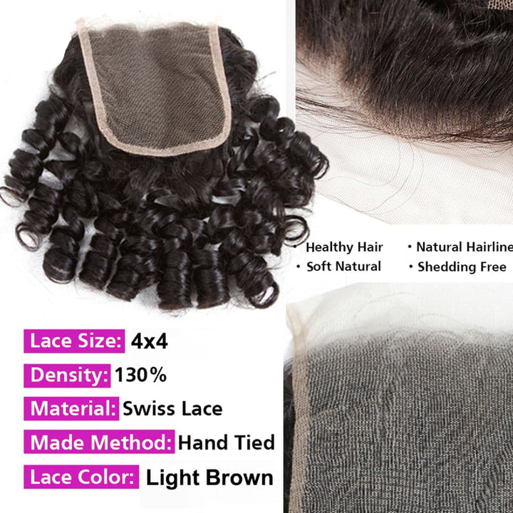 Bouncy Curly 3 pacotes com fechamento de renda 4x4 tece cabelo humano cor natural 