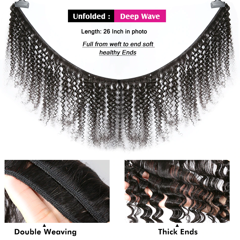 Deep Wave 3 pacotes com renda transparente 13X4 frontal 100% cabelo humano brasileiro 