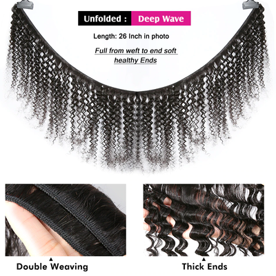 Deep Wave 3 Bundles With 13X4 Transparent Lace Frontal 100% Brazilian Human Hair